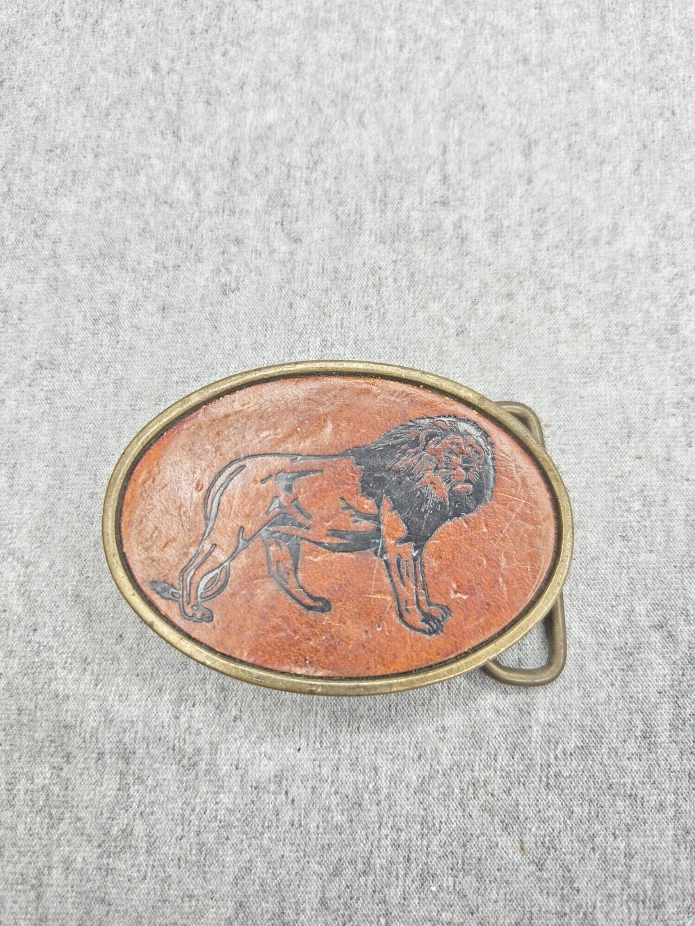 BTS Solid Brass Belt Buckle Vintage 1980s Leather Lion Orange Tan Oval